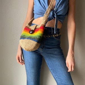 Vintage Straw Paper  Market Festival Bag Purse with Rainbow