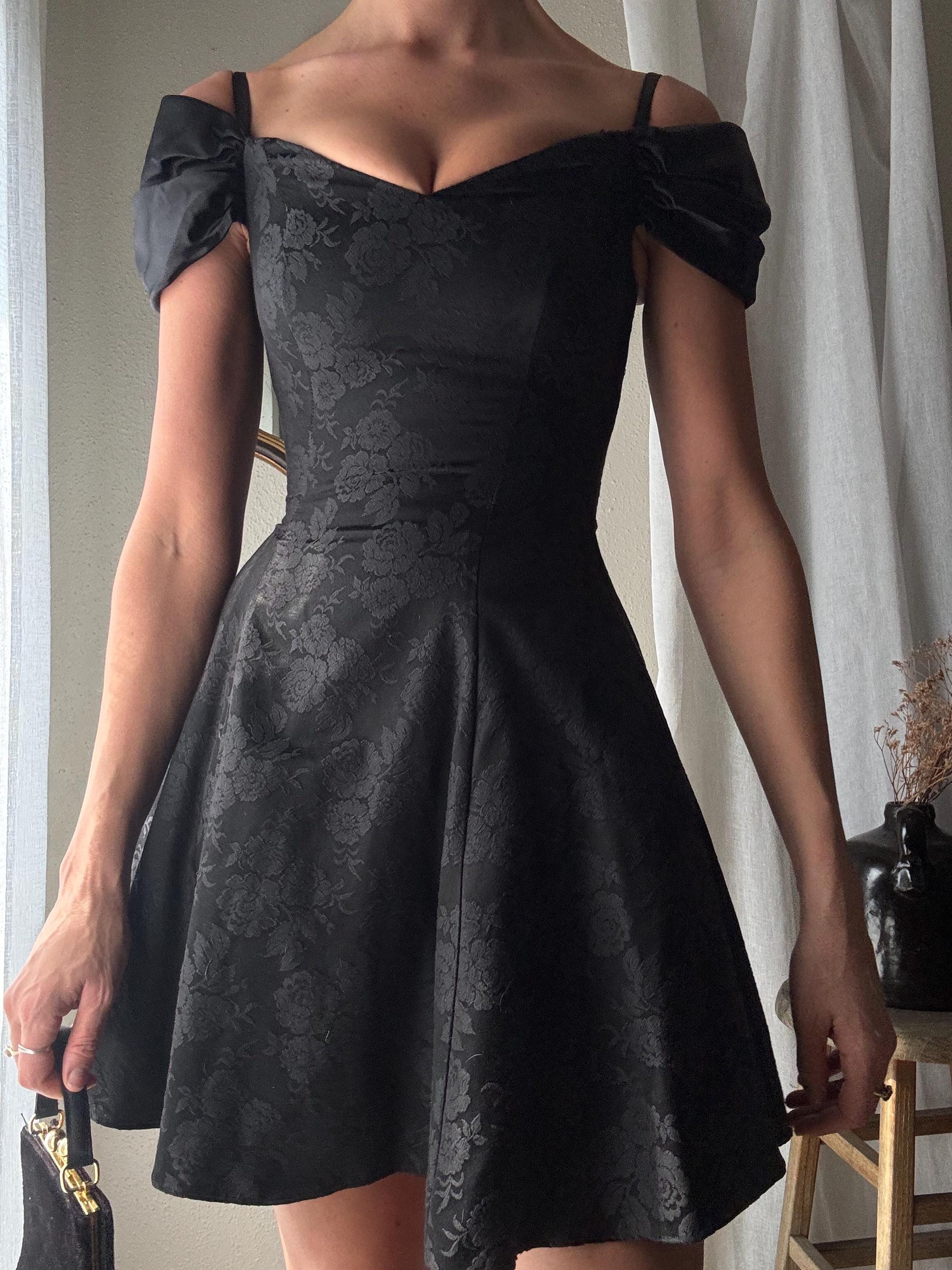 Vintage Black Floral Jacquard Dress: Off-Shoulder Fit & Flare, Made in USA