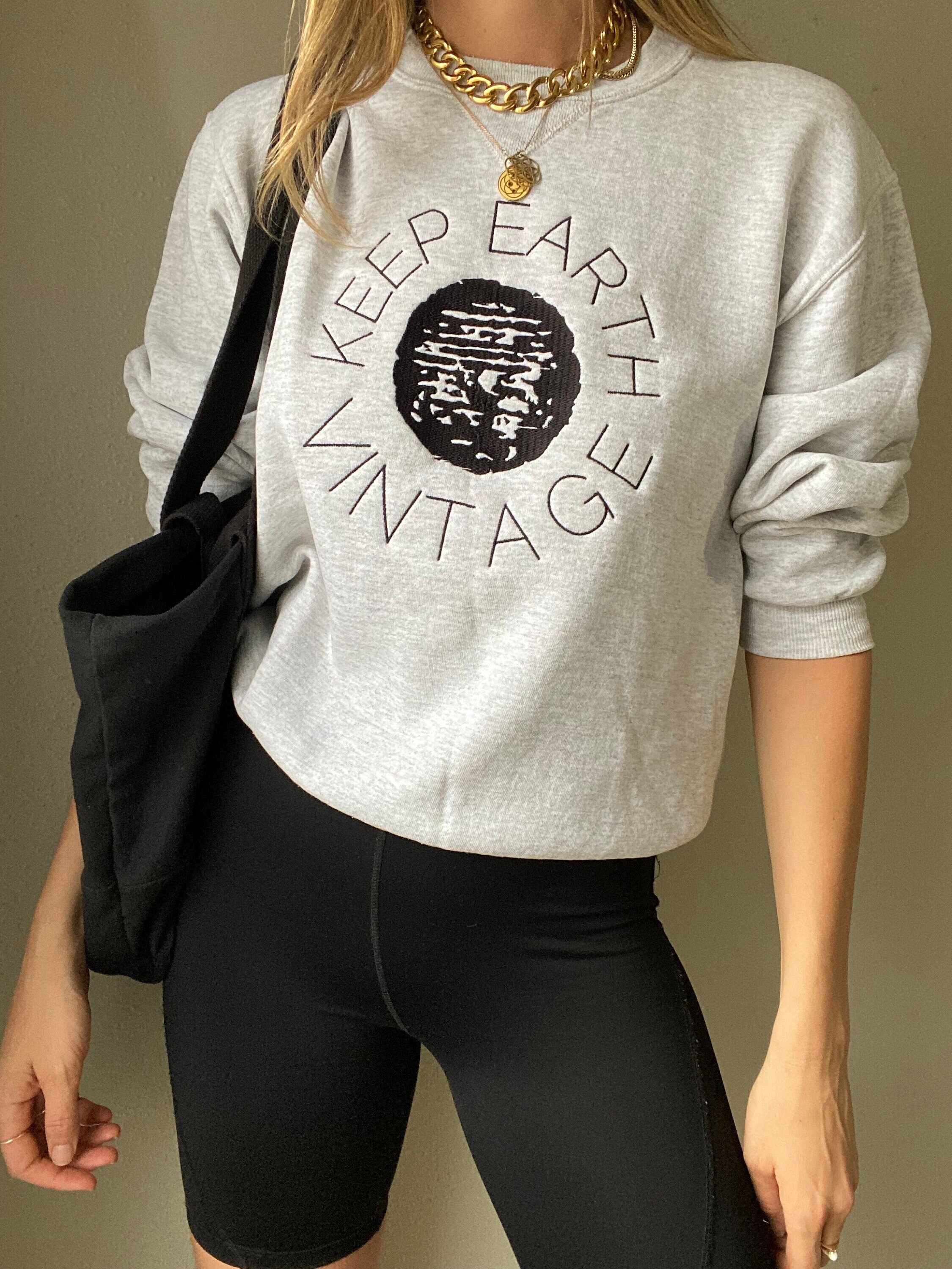 Upcycled Vintage Light Grey Long Sleeve Sweatshirt Black Keep Earth Vintage Logo