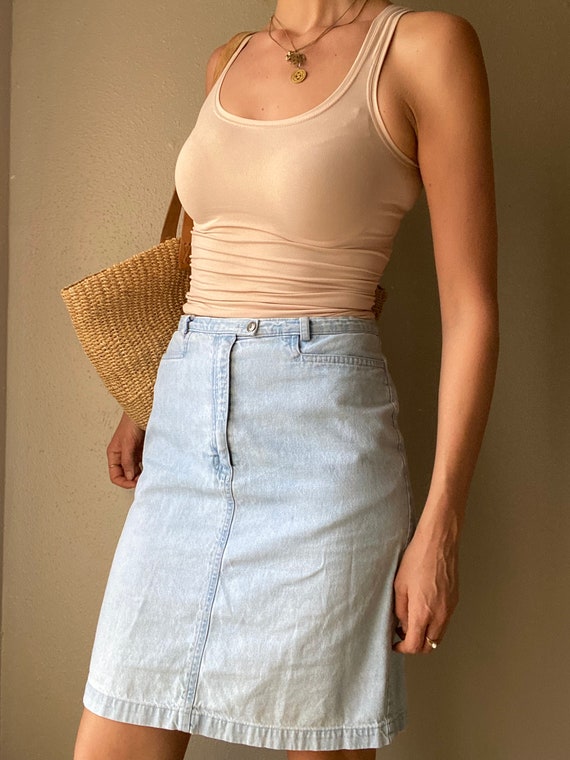 Vintage Light Wash Denim Cotton Midi Skirt Made i… - image 6