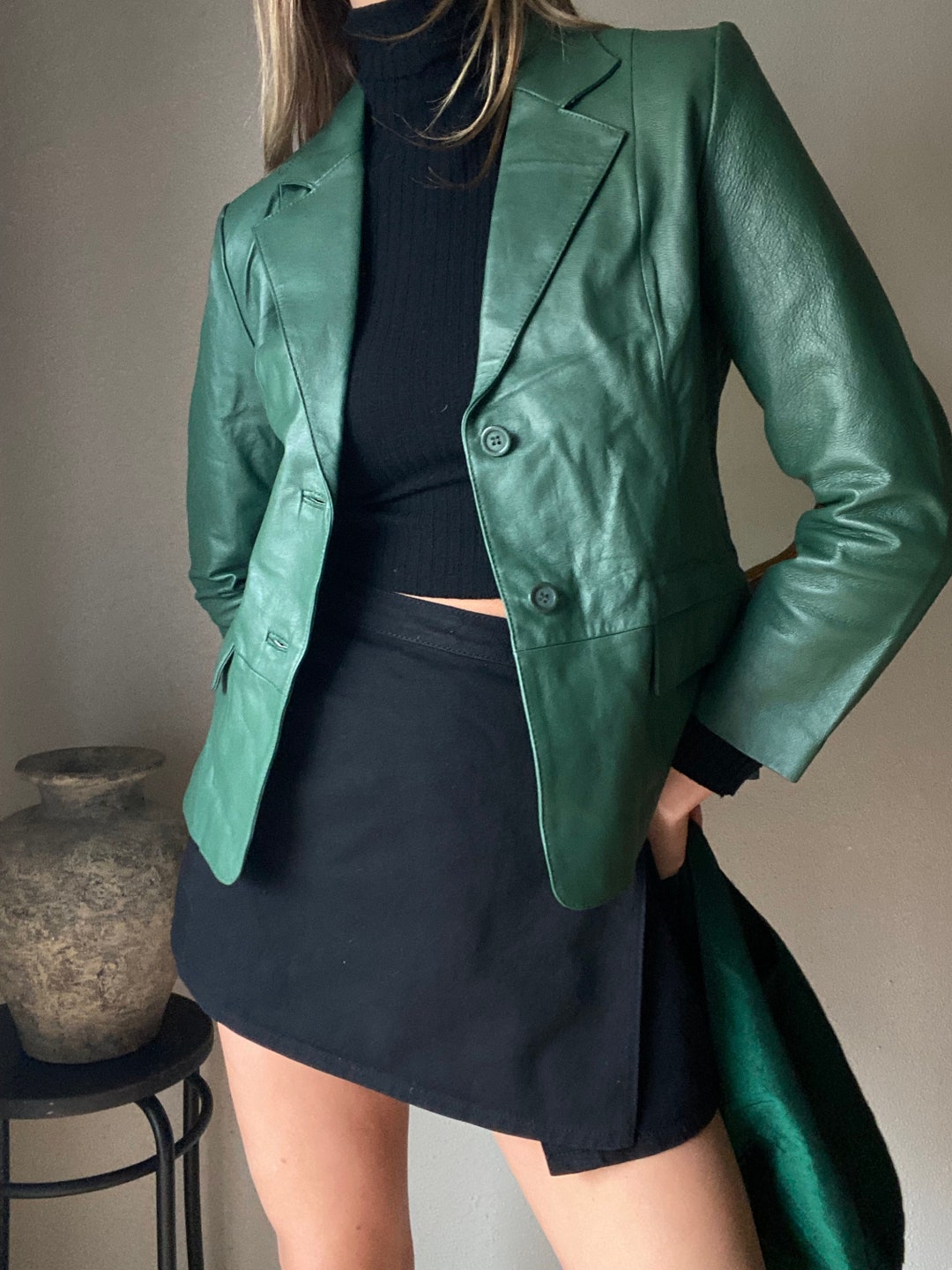 Vintage Forest Green Leather Jacket Petite NWT - Etsy