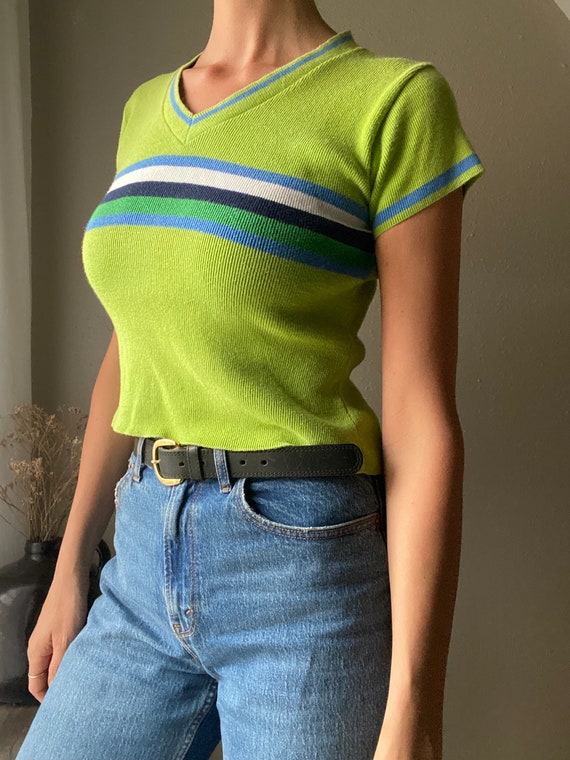 Vintage 90s Lime Green Striped V Neck Knit Tee Sh… - image 5