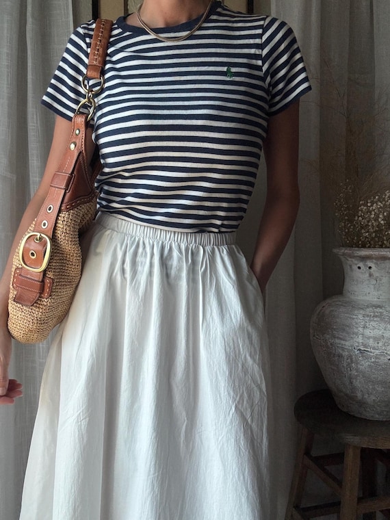 Vintage Polo Ralph Lauren TShirt: Navy Blue White Striped Cotton Crew Neck