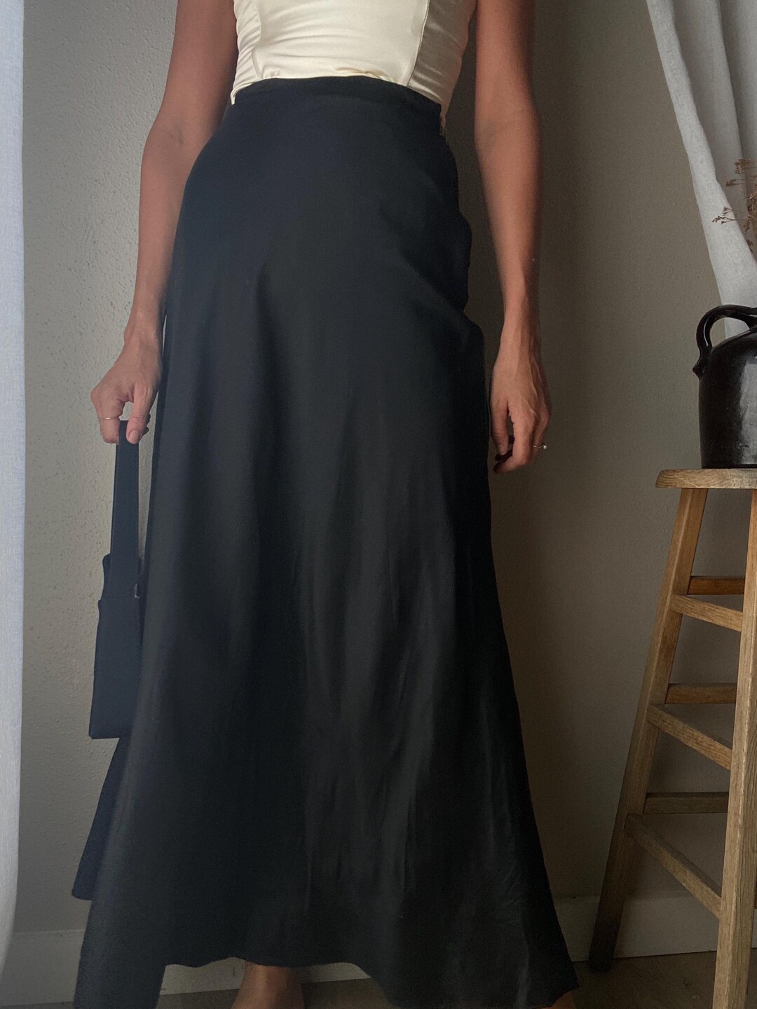 Black Elegant Top + Vintage Skirt 2pcs Set