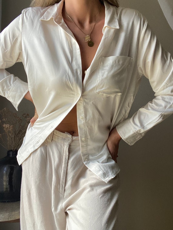 Vintage Classic White Silk Collared Oxford Button 