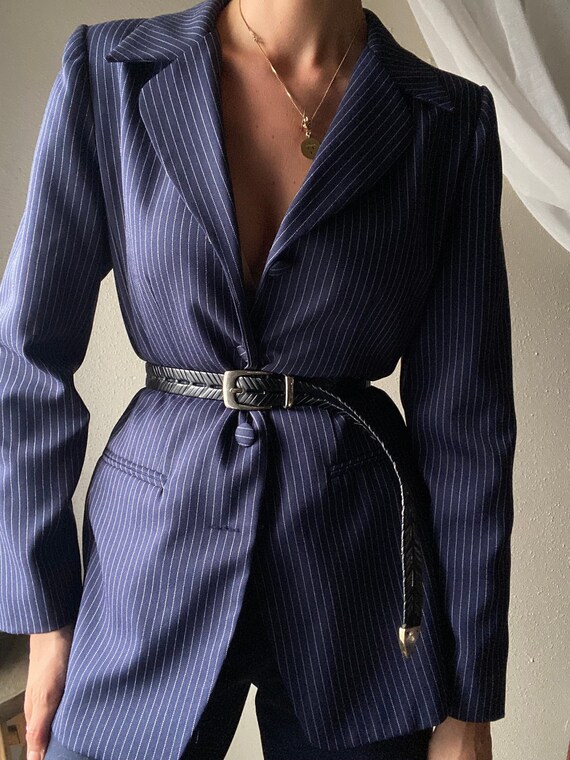 Vintage Classic Dark Navy Blue Pinstriped Blazer
