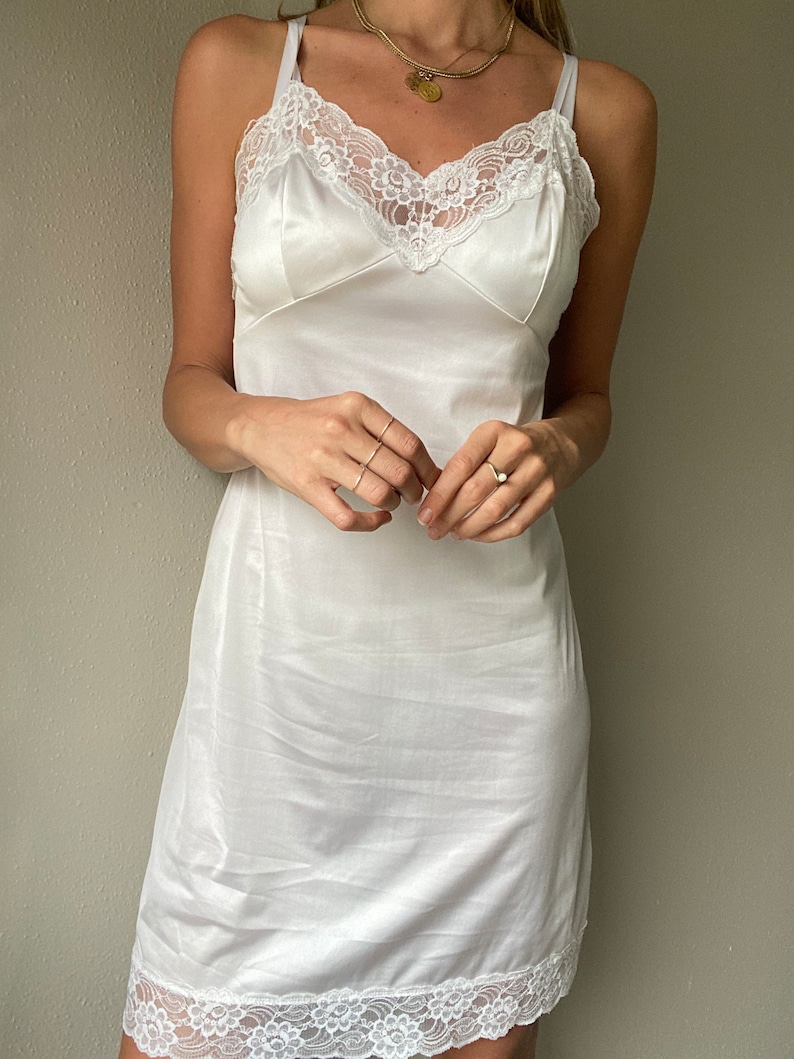 Vintage White Satin Slip Dress Lace Trim Detail Bridal Made in Etsy