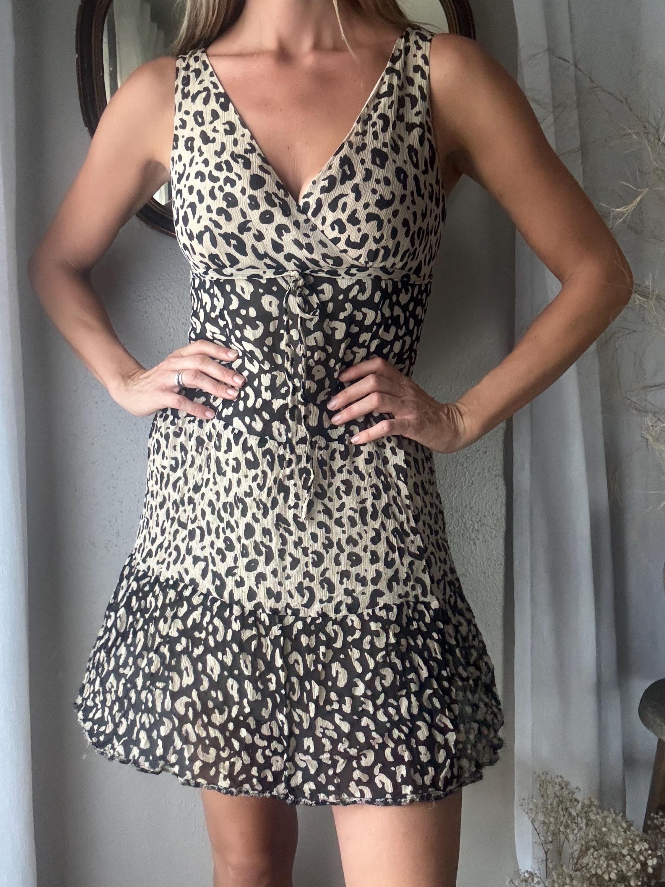Vintage Pure Silk Leopard Animal Print Mini Crinkle Dress Lined Petite
