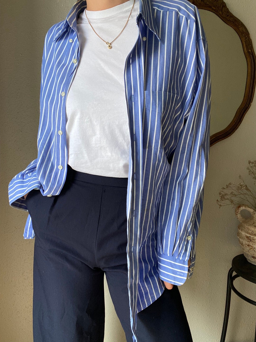 Sky Blue and White Striped Cotton Button Up Top