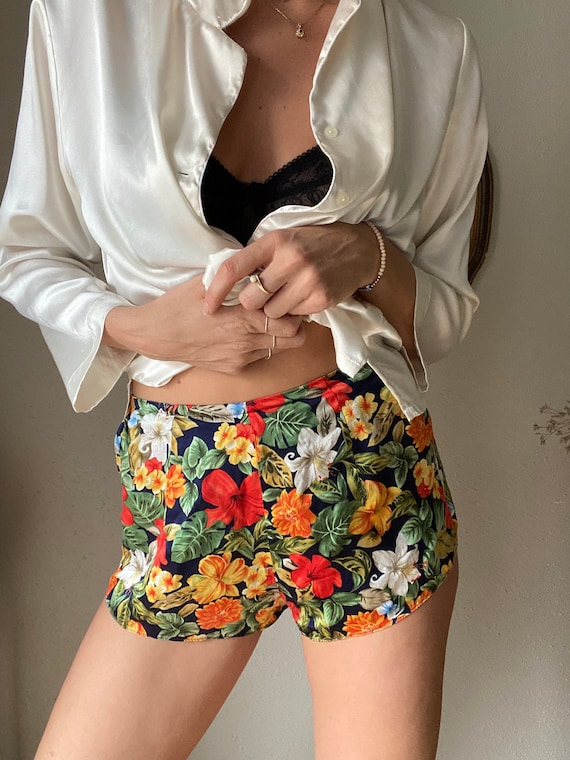 Gorgeous Vintage Silk Pajamas Shorts Bright Flora… - image 1