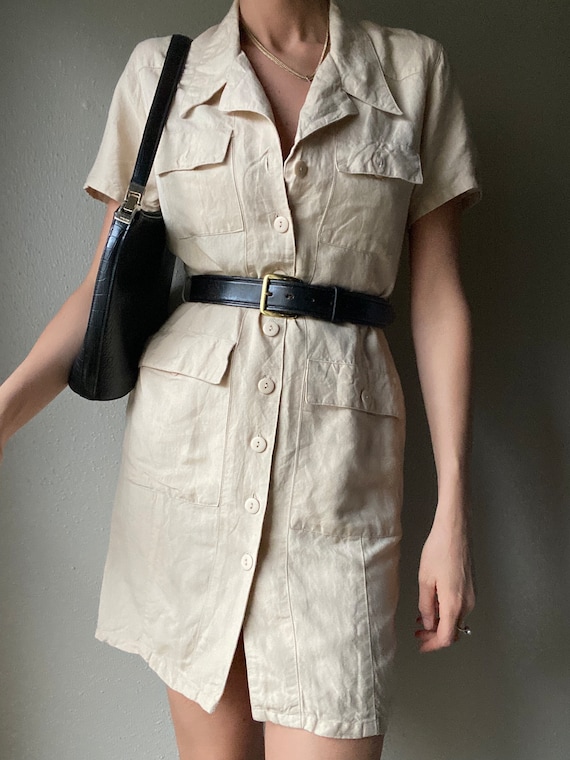 Vintage Linen Blend Beige Cargo Short Sleeve Mini 