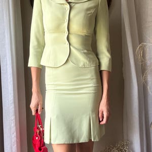 Vintage Pistachio Green Fitted Blazer Skirt Set Business Casual Quiet Luxury