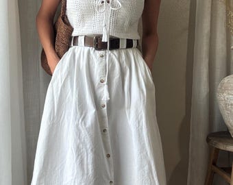 Falda larga maxi vaquera blanca vintage con pliegues y bolsillos, 100% algodón, hecha en EE. UU.