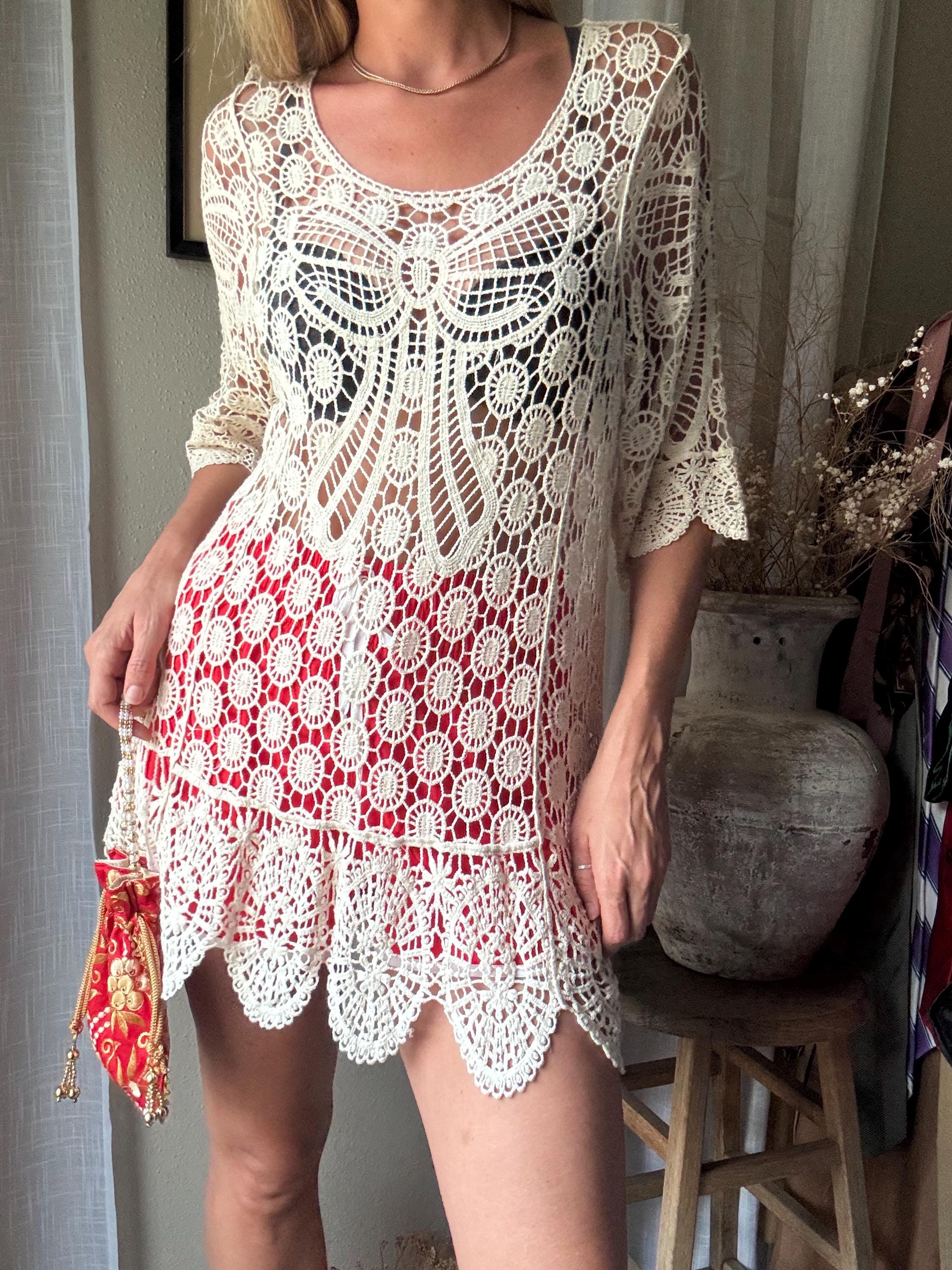 Preloved Off White Cotton Crochet Boho Dress Beach Cover Up Butterfly Dragonfly Pattern