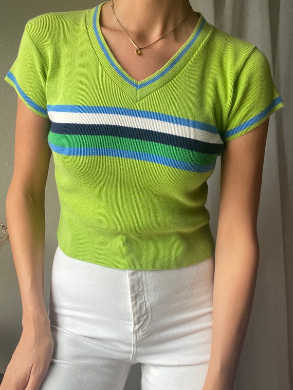 Vintage 90s Lime Green Striped V Neck Knit Tee Sh… - image 3