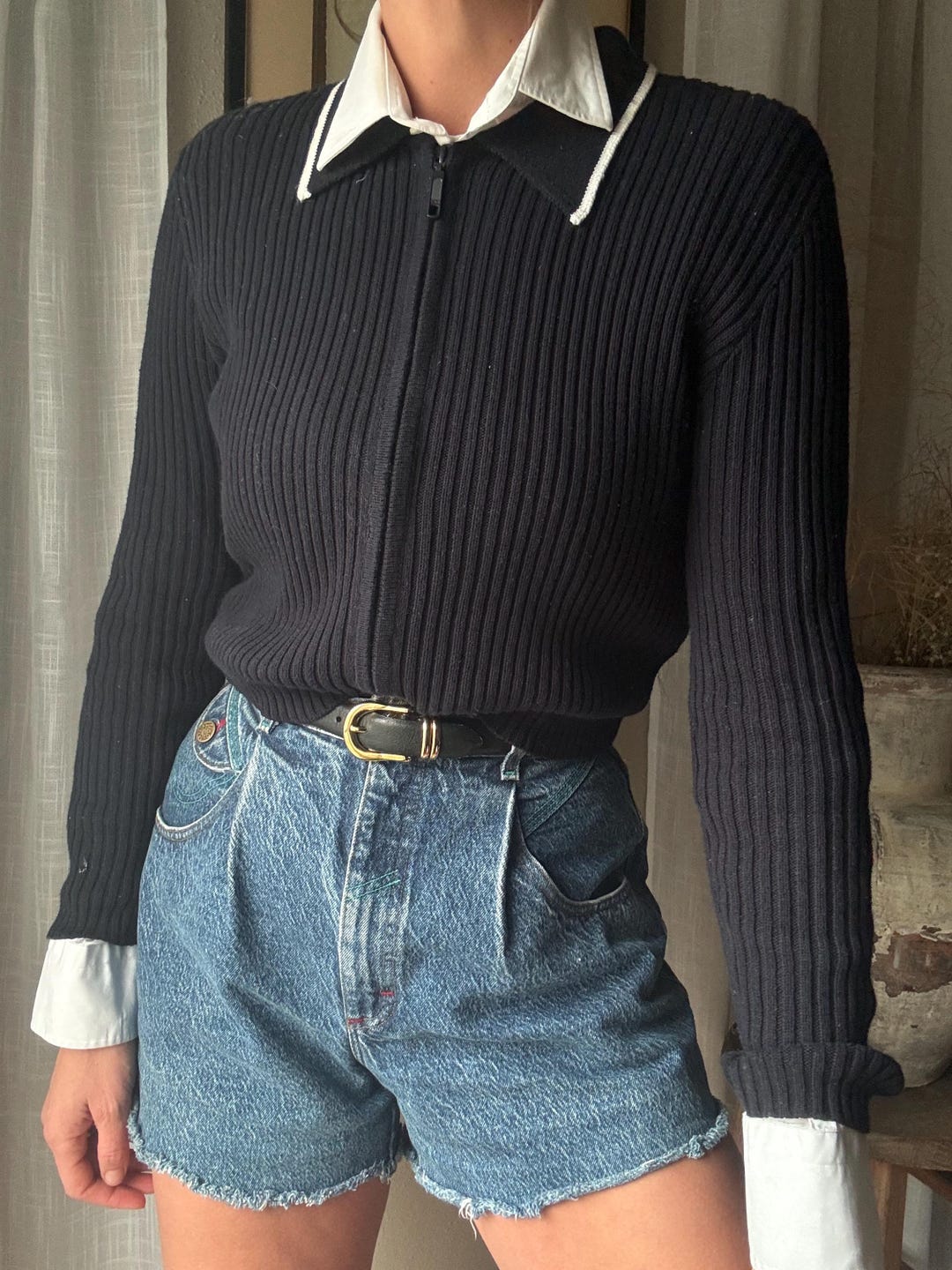 Navy Blue Ribbed Sweater Vintage Classic Cotton Dark Navy Blue Ribbed Zip up Collared Knit ...