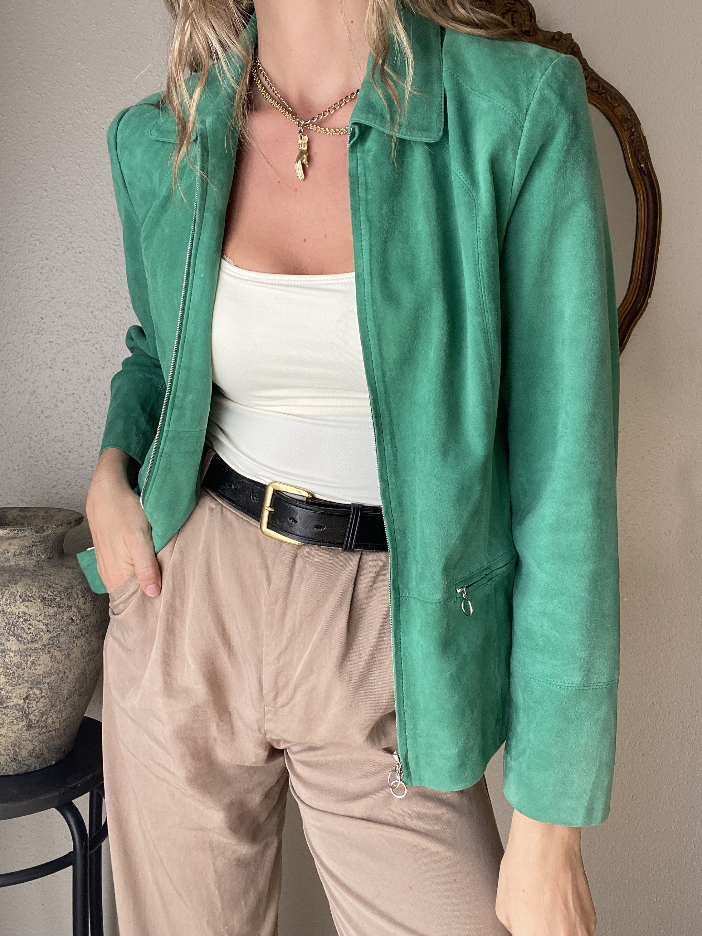 Vintage Green Suede Leather Moto Jacket