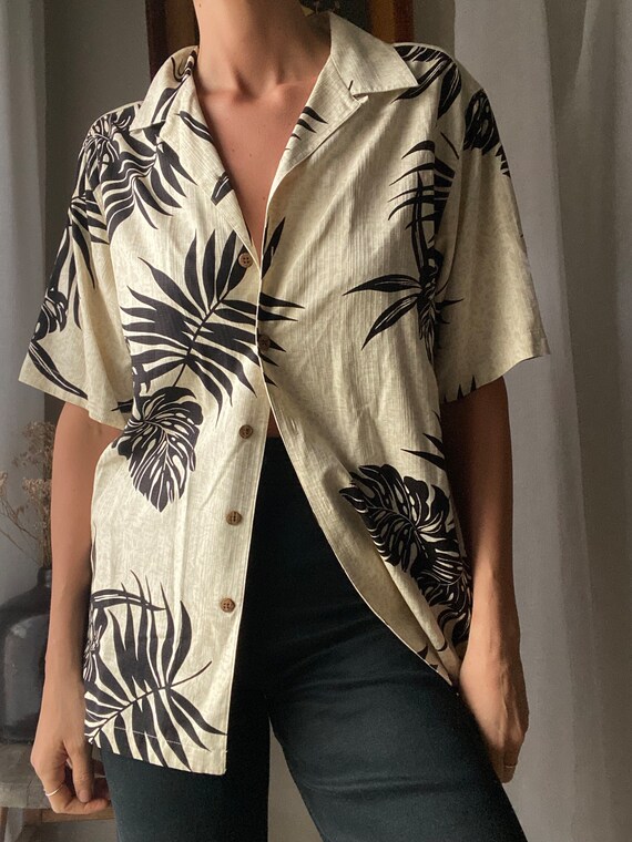 Vintage Silk Beige Black Tropical Palm Print Over… - image 3