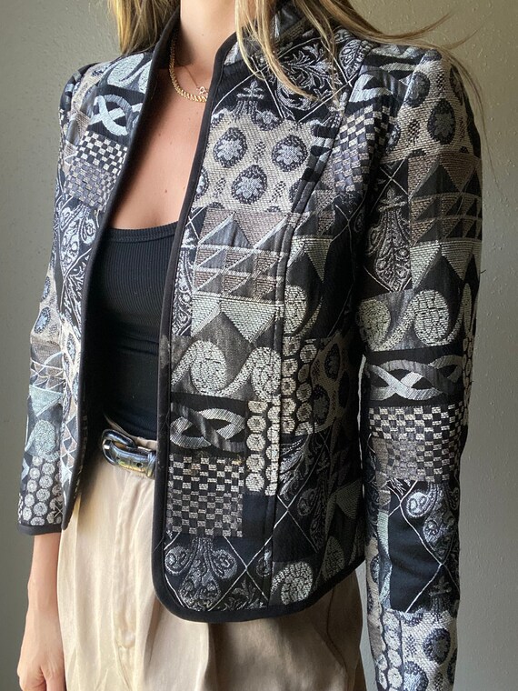 Vintage Cropped Black and Silver Blazer Patchwork 