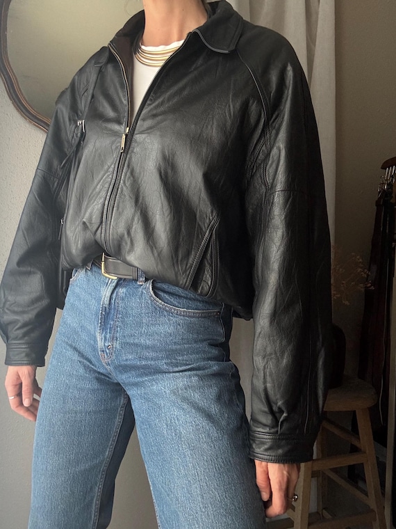 Vintage Leather Black Oversized Jacket - Etsy
