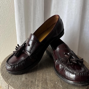 Mocassini da uomo in pelle vintage classici color sangue di bue, bordeaux, marrone scuro, 8,5