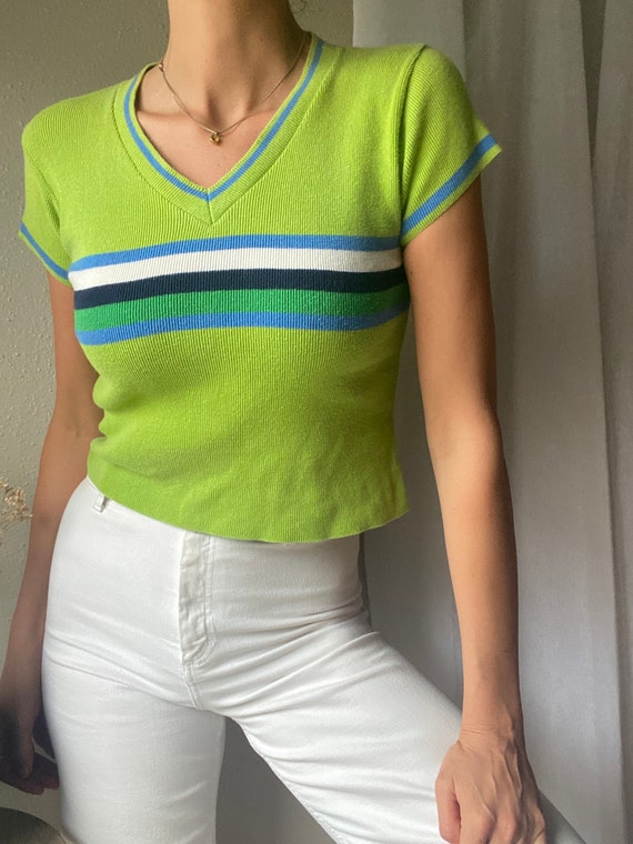 Vintage 90s Lime Green Striped V Neck Knit Tee Sh… - image 6