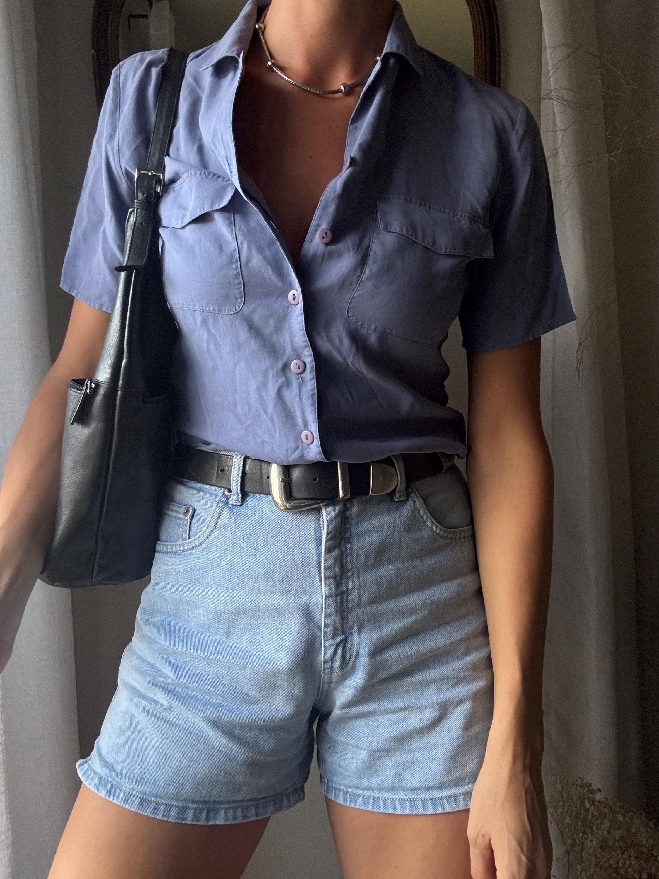 Vintage Pure Silk Periwinkle Short Sleeve Button Up Over Shirt