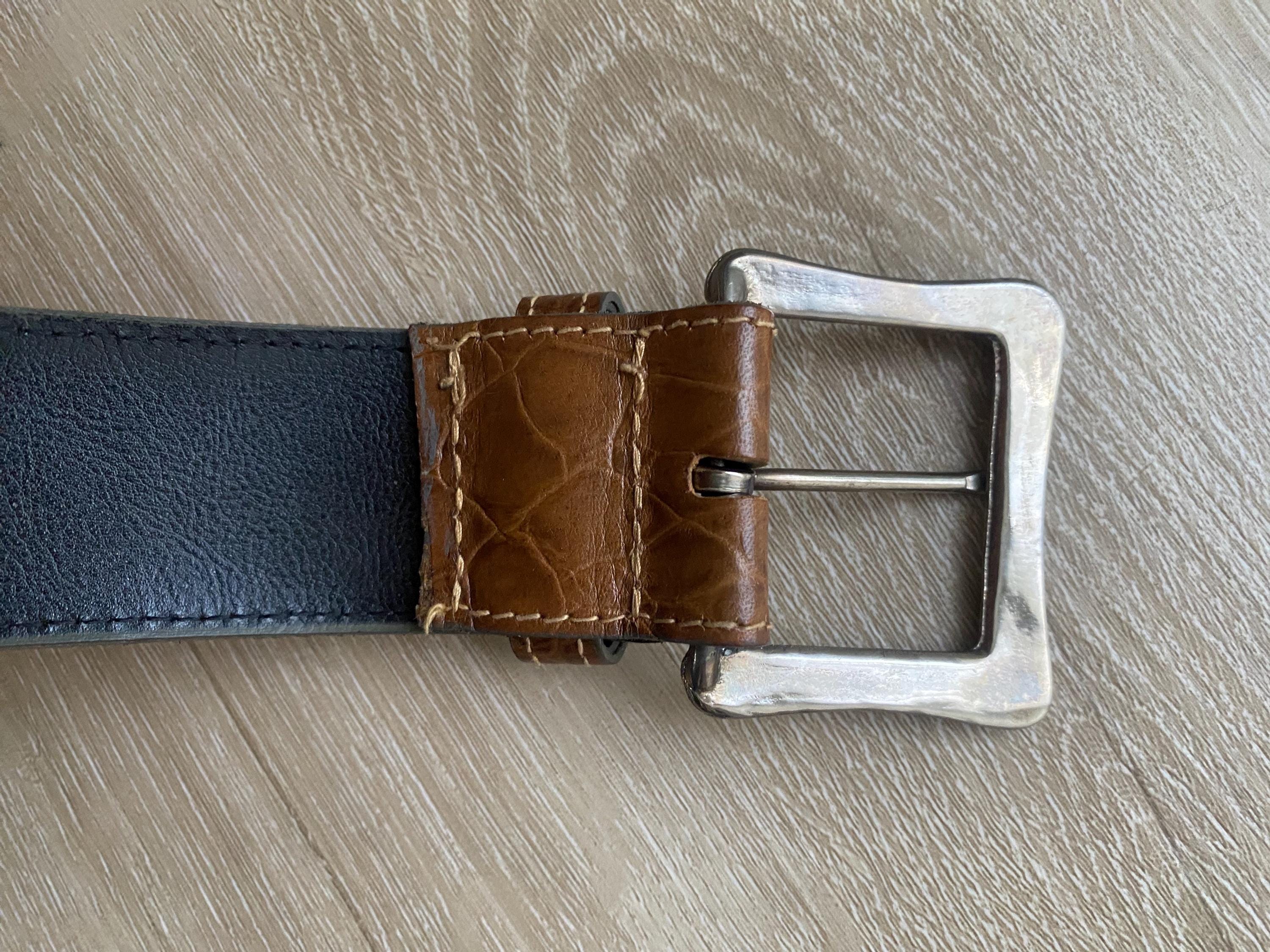 Vintage Brown Leather Croc Embossed Wide Belt Silver Square  display picture 3