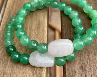 Jade & Pink Quartz Stretch Bracelets, 8mm Beaded Pair