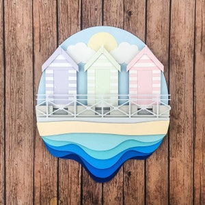 Beach Huts Shadow Box Papercutting Template DIY Cut Your Own Layered Paper Craft Printable PDF With Step-by-Step Tutorial