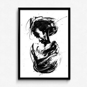 Angst, Ambigramm, zwei Bilder in einem, Upside-Down-Malerei, moderne Wohnkultur, Mädchenfigur, Kunstillusion, schwarzweiße Kunst, zwei Bilder
