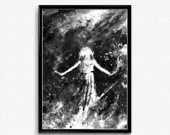 It's Raining Stars, Printable Art, Wall Art, Girl In Rain, Star Art, Rain Art, Falling Star, Black And White Art, Contemporary Art, Girl Art