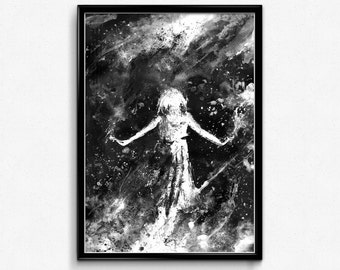 It's Raining Stars, Modern Home Decor, Wall Art, Girl In Rain, Star Art, Rain Art, Falling Star, Black And White Art, Contemporary Art, Girl