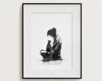 Girl and Cat, Farewell Old Friend, Black And White Art, Cat Art, Animal Lover Art, Pet Print, Girl and Cat Wall Art, Emotional Art, Sad Art