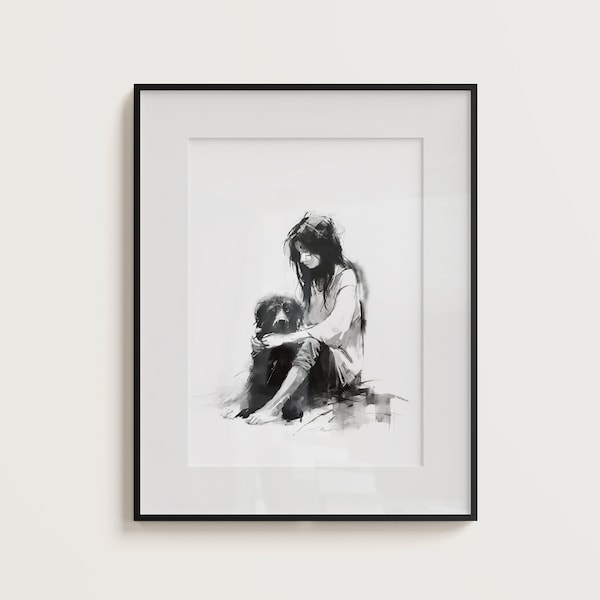 Inkwell Bond, Black And White Art, Girl and Her Dog, Animal Lover Art, Pet Print, Old Dog Bestfriend, Girl and Dog Wall Art, Emotional Art