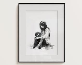 Inkwell Bond, zwart-witte kunst, meisje en haar hond, dierenliefhebber kunst, huisdier print, oude hond beste vriend, meisje en hond kunst aan de muur, emotionele kunst