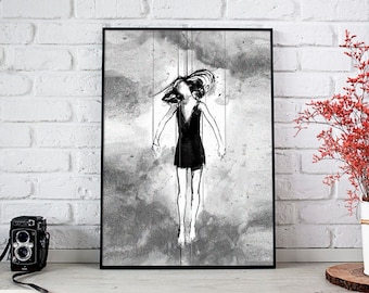 I'm nobody's puppet, Puppet master, Girls Wall Art, Bedroom Decor, Surreal Art, Acrylic Painting, Art Prints, Black and white art, Ink Art