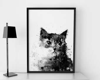 Impression de chat, Art de chat, Chat noir, Impression noir et blanc, Art d’impression noir et blanc, Décoration intérieure noire, Art animalier, Encre éclaboussée, Impression d’art mural