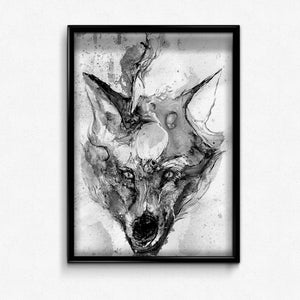 Fox Flow, Black and White Art, Ink Drawing, Animal Art, Ink Splatter, Fox Face, Wildlife Art, Giclee Print, Fox Print, Animal Painting, Ink