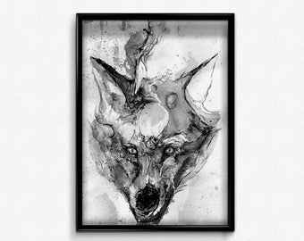 Fox Flow, Black and White Art, Ink Drawing, Animal Art, Ink Splatter, Fox Face, Wildlife Art, Giclee Print, Fox Print, Animal Painting, Ink