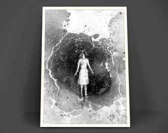 Storm, Home Decor, Wall Art, Girl In Storm, Lighting Art, Rain Art, Storm Art, Black And White Art, Contemporary Art, Girl Figure, Ink Art