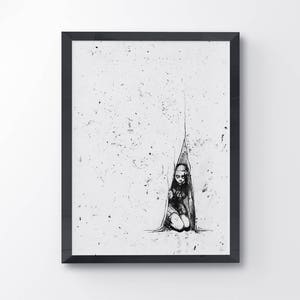 Let Me Show You A Good Hiding Place, Black And White, Art Print, Little Girl, Dark Art, Ink Painting, Art Poster, Girl Art, Creepy Art
