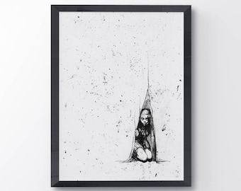 Let Me Show You A Good Hiding Place, Black And White, Art Print, Little Girl, Dark Art, Ink Painting, Art Poster, Girl Art, Creepy Art