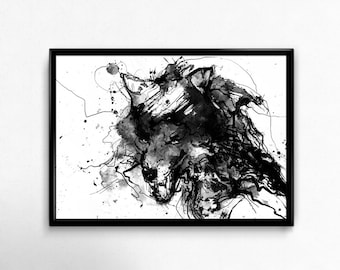 Black Wolf, Black and White Art, Ink Drawing, Black and White Painting, Ink Splatter, Wolf Art, Fine Art Print, Wolf Print, Wild Animal