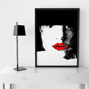 Labios de rojo y negro, carita de niña, Art Print, moda arte, arte rojo, labios cartel, arte de labios de rojo, negro y rojo arte, arte de pared A4 tamaño