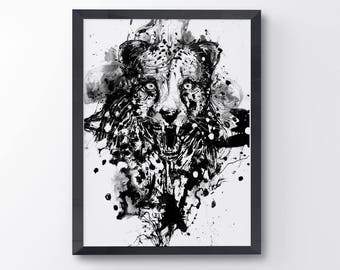Cheetah Print, Cheetah Art, Animal Art Print, Cat Art, Black and White Animal Art, Wildlife Art, Black And White Art, Ink Art, Angry Animal