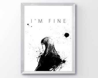 Fine, Minimalist Art, Girls Wall Art, Art Decor, Sad Art, Black and White Art, Home Wall Decor, Art Prints, Sad Girl, I'm Fine, Art Print