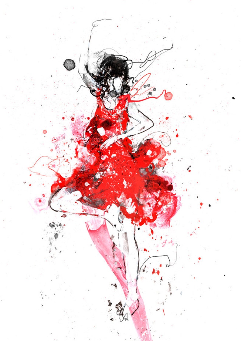 Red Dance, Red dress, Black And White and Red,Dancing Art, Dancing Poster, Figure Art, Contemporary Art, Modern Home Decor, Dance Girl, Red image 2