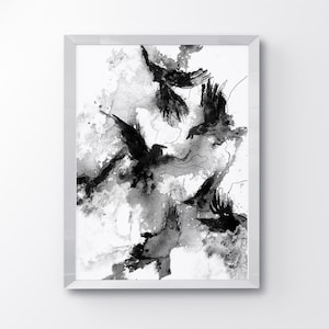 ravens flying across the painting, stylish black and white ink drawing