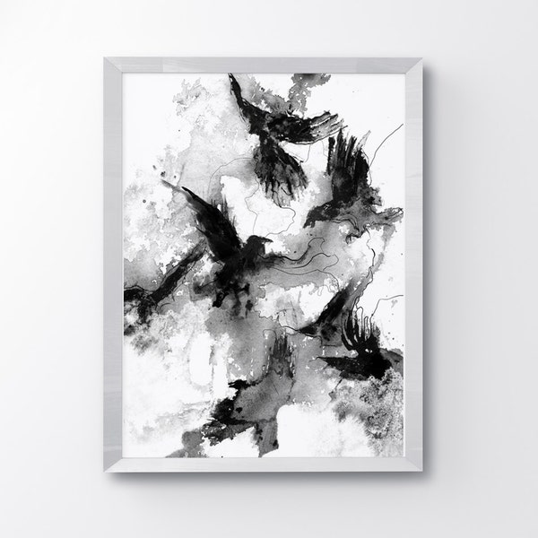 Corbeaux, impression noir et blanc, dessin à l’encre, affiche d’oiseau, impression de corbeau, décor de corbeau, amoureux des oiseaux, peinture de corbeau, art animalier, impression murale, désordonné